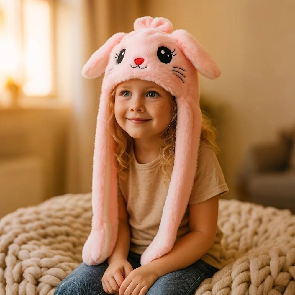 Kids Cat_pink Animal Hat with Ears Moving Jumping Pop Up Beating Plush Holiday - Picture 2 of 9
